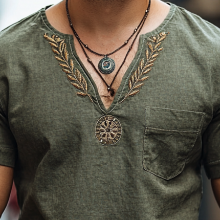 Men's Cotton Linen T-shirt | V-neck | Embroidered Patch Pocket | Short Sleeves | Casual Comfort | Breathable & Lightweight | Relaxed Fit | Versatile Style