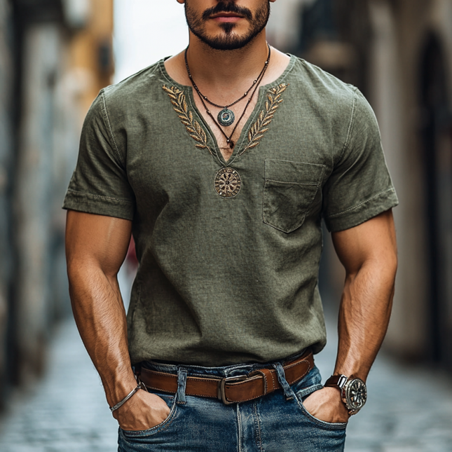 Men's Cotton Linen T-shirt | V-neck | Embroidered Patch Pocket | Short Sleeves | Casual Comfort | Breathable & Lightweight | Relaxed Fit | Versatile Style