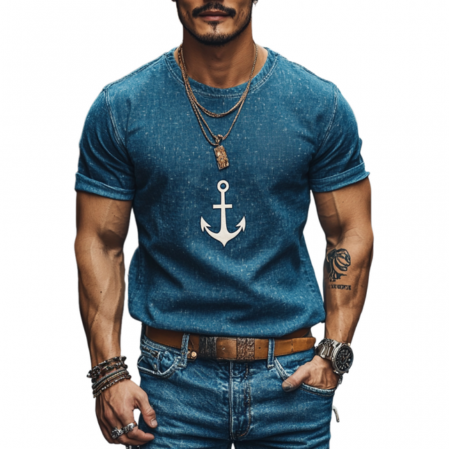 Men's Nautical Anchor Print Shirt | Casual Denim Look | Slim Fit | Round Neck | Short Sleeve | Versatile Styling | Soft Fabric | Everyday Wear