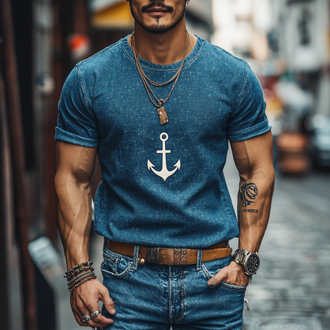 Men's Nautical Anchor Print Shirt | Casual Denim Look | Slim Fit | Round Neck | Short Sleeve | Versatile Styling | Soft Fabric | Everyday Wear