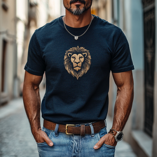 Men's Cotton T-Shirt | Lion Embroidery | Round Neck | Slim Fit | Short Sleeve | Casual Style | Breathable Fabric | Stylish Design | Comfortable Wear