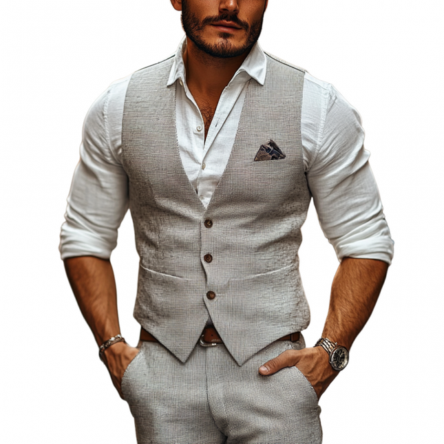 Men's Slim Fit Suit Vest | Casual Linen | V-Neck | Single-Breasted Style | Adjustable Back Strap | Breathable Fabric | Functional Welt Pockets | Versatile for Smart-Casual Outfits | Multiple Sizes Available