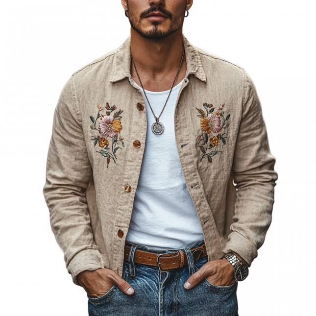Men's Linen Floral Embroidery Shirt | Lapel Collar | Loose Fit | Long Sleeve | Breathable Fabric | Casual Style | Button Closure | Versatile Wardrobe Piece | Comfortable Men's Clothing
