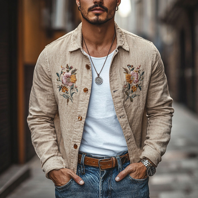 Men's Linen Floral Embroidery Shirt | Lapel Collar | Loose Fit | Long Sleeve | Breathable Fabric | Casual Style | Button Closure | Versatile Wardrobe Piece | Comfortable Men's Clothing