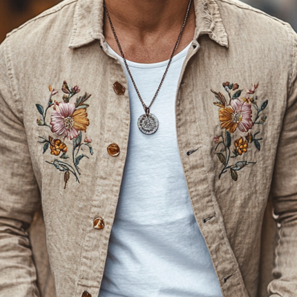 Men's Linen Floral Embroidery Shirt | Lapel Collar | Loose Fit | Long Sleeve | Breathable Fabric | Casual Style | Button Closure | Versatile Wardrobe Piece | Comfortable Men's Clothing