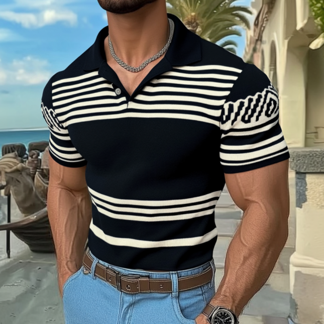 Men's Fashion Lapel Short Sleeve Knit Sweater | Striped Jacquard Slim Fit | Casual Styling | Premium Knitted Fabric | Stylish Lapel Design | Versatile Men's Top | Summer Wardrobe Essential