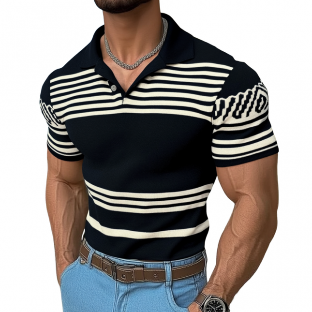 Men's Fashion Lapel Short Sleeve Knit Sweater | Striped Jacquard Slim Fit | Casual Styling | Premium Knitted Fabric | Stylish Lapel Design | Versatile Men's Top | Summer Wardrobe Essential