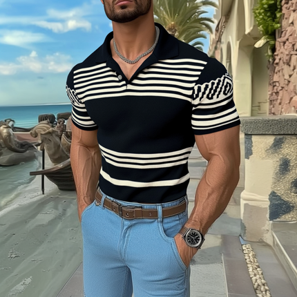 Men's Fashion Lapel Short Sleeve Knit Sweater | Striped Jacquard Slim Fit | Casual Styling | Premium Knitted Fabric | Stylish Lapel Design | Versatile Men's Top | Summer Wardrobe Essential