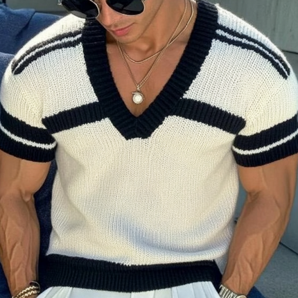 Men's Striped Jacquard V-Neck Slim Fit Short Sleeve Knitted Sweater | Casual Breathable Top | Versatile Fashion Layer | Soft Durable Fabric | Modern Outfit | Classic Design | Sizes Available