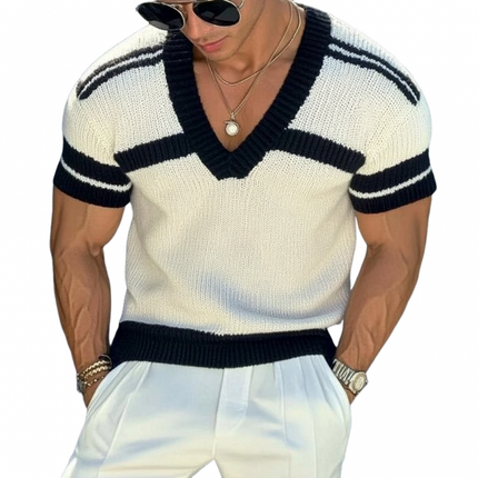 Men's Striped Jacquard V-Neck Slim Fit Short Sleeve Knitted Sweater | Casual Breathable Top | Versatile Fashion Layer | Soft Durable Fabric | Modern Outfit | Classic Design | Sizes Available