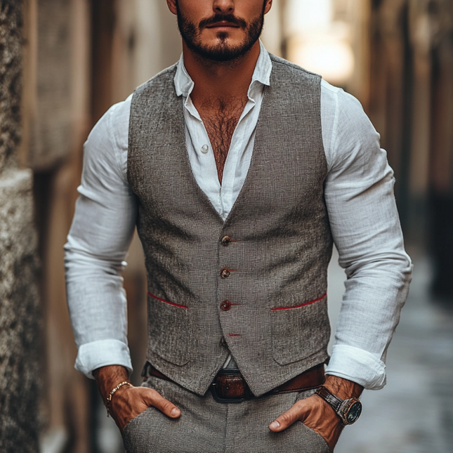 Men's Linen Suit Vest | Casual V-neck | Single Breasted | Patch Pocket | Slim Fit | Versatile Layering | High-Quality Fabric | Multiple Sizes | Stylish Outerwear | Tailored Comfortable Look