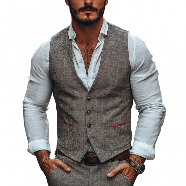 Men's Linen Suit Vest | Casual V-neck | Single Breasted | Patch Pocket | Slim Fit | Versatile Layering | High-Quality Fabric | Multiple Sizes | Stylish Outerwear | Tailored Comfortable Look
