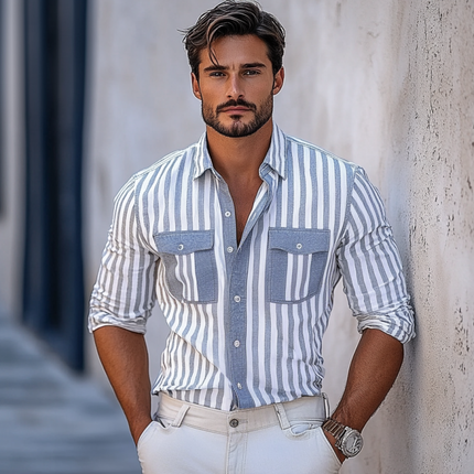 Men's Slim Fit Long Sleeve Shirt | Stripe Print | Lapel Collar | Chest Pocket | Casual & Semi-Formal | Versatile Style | Comfortable Cotton Blend