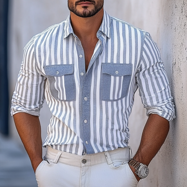 Men's Slim Fit Long Sleeve Shirt | Stripe Print | Lapel Collar | Chest Pocket | Casual & Semi-Formal | Versatile Style | Comfortable Cotton Blend