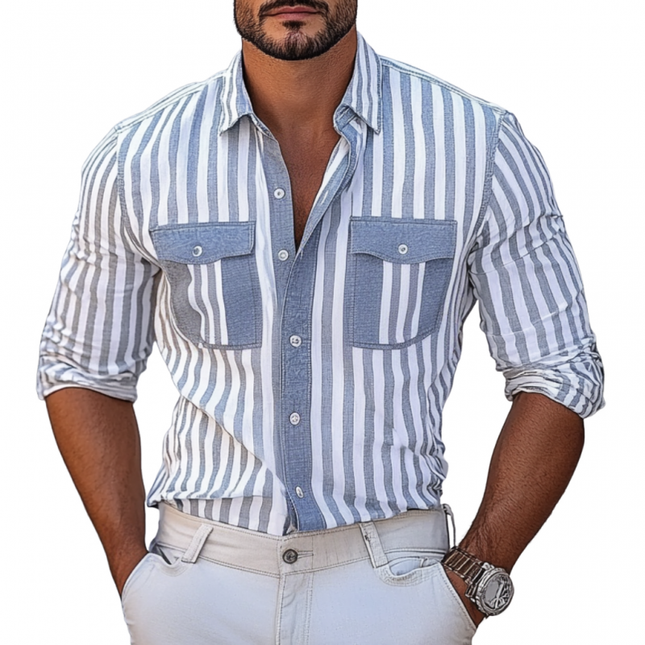 Men's Slim Fit Long Sleeve Shirt | Stripe Print | Lapel Collar | Chest Pocket | Casual & Semi-Formal | Versatile Style | Comfortable Cotton Blend