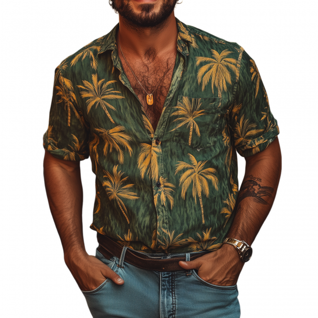 Men's Short Sleeve Shirt | Palm Tree Print | Loose Fit | Lapel Collar | Lightweight Fabric | Tropical Vibe | Casual Summer Wear | Versatile Pairing | Comfortable | Stylish | Vacation Ready | Multiple Sizes