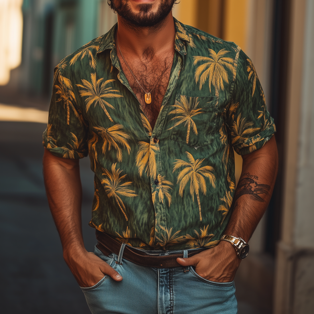 Men's Short Sleeve Shirt | Palm Tree Print | Loose Fit | Lapel Collar | Lightweight Fabric | Tropical Vibe | Casual Summer Wear | Versatile Pairing | Comfortable | Stylish | Vacation Ready | Multiple Sizes