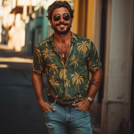 Men's Short Sleeve Shirt | Palm Tree Print | Loose Fit | Lapel Collar | Lightweight Fabric | Tropical Vibe | Casual Summer Wear | Versatile Pairing | Comfortable | Stylish | Vacation Ready | Multiple Sizes