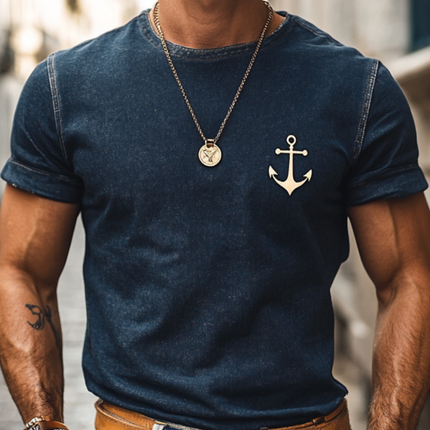 Men's Vintage Denim Wash T-Shirt | Anchor Graphic | Slim Fit | Round Neck | Short Sleeve | Retro Style | Nautical Themed | Casual Wear | Soft Cotton