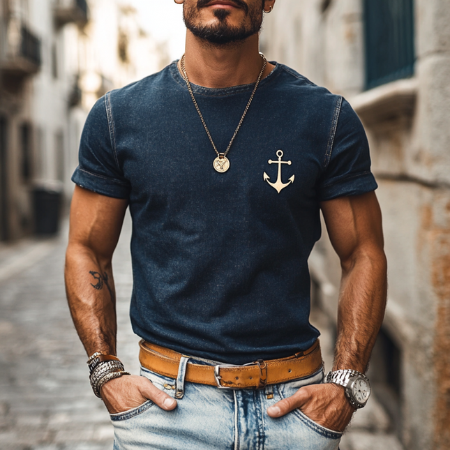 Men's Vintage Denim Wash T-Shirt | Anchor Graphic | Slim Fit | Round Neck | Short Sleeve | Retro Style | Nautical Themed | Casual Wear | Soft Cotton
