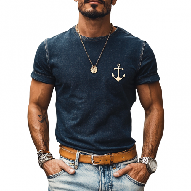 Men's Vintage Denim Wash T-Shirt | Anchor Graphic | Slim Fit | Round Neck | Short Sleeve | Retro Style | Nautical Themed | Casual Wear | Soft Cotton