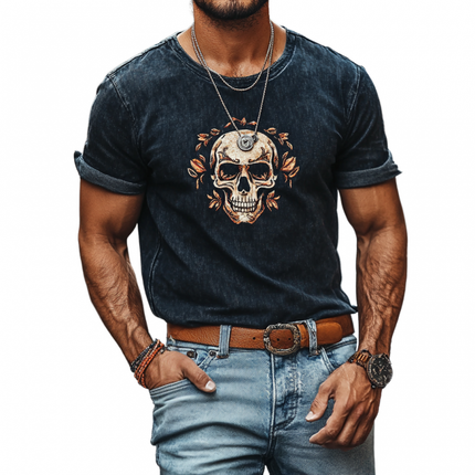 Men's T-Shirt | Retro Denim Washed | Skull Print | Round Neck | Slim Fit | Short Sleeve | Premium Cotton | Vintage Style | Bold Graphic | Comfortable Casual Wear