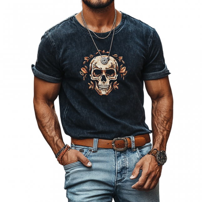 Men's T-Shirt | Retro Denim Washed | Skull Print | Round Neck | Slim Fit | Short Sleeve | Premium Cotton | Vintage Style | Bold Graphic | Comfortable Casual Wear