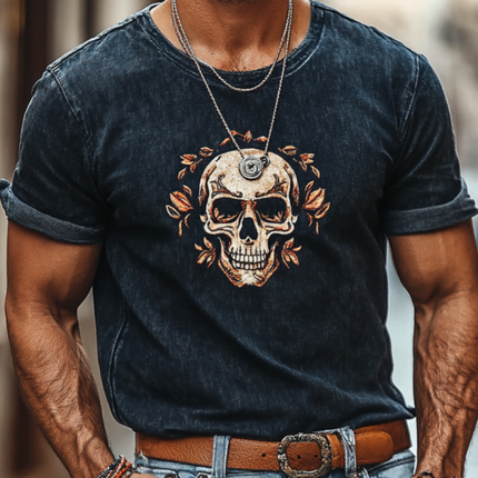 Men's T-Shirt | Retro Denim Washed | Skull Print | Round Neck | Slim Fit | Short Sleeve | Premium Cotton | Vintage Style | Bold Graphic | Comfortable Casual Wear