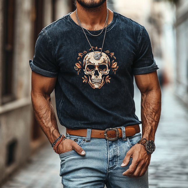 Men's T-Shirt | Retro Denim Washed | Skull Print | Round Neck | Slim Fit | Short Sleeve | Premium Cotton | Vintage Style | Bold Graphic | Comfortable Casual Wear