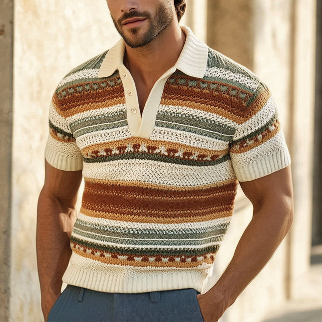 Men's Polo Neck T-Shirt | Colorful Striped Knit | Summer Fashion | Breathable Fabric | Short Sleeve | Tailored Fit | Casual & Smart-Casual Wardrobe | Sizes S-3XL