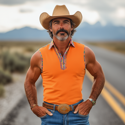 Men's Retro Western Style Tank Top | Spring Summer Fashion | Colorful Ribbon Stitching | Slim Fit | Cotton Blend | Breathable Comfort | Vintage Cowboy Appeal | Casual Outings | Activewear