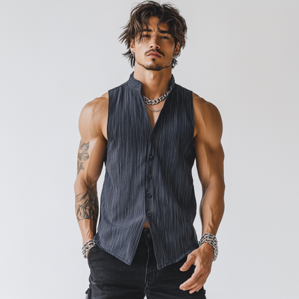 Men's Sleeveless Shirt | Casual Breathable Linen | Pinstripe Stand Collar | Slim Fit | Summer Essentials | Lightweight & Comfortable | Elegant Design | Ideal for Hot Weather | Stylish & Versatile