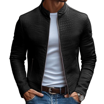 Men's Slim Fit Leather Jacket | Stone Pattern | Stand Collar | Zipper Closure | Fashion Outerwear | Premium Leather | Versatile Style | Distinctive Design | Multiple Pockets
