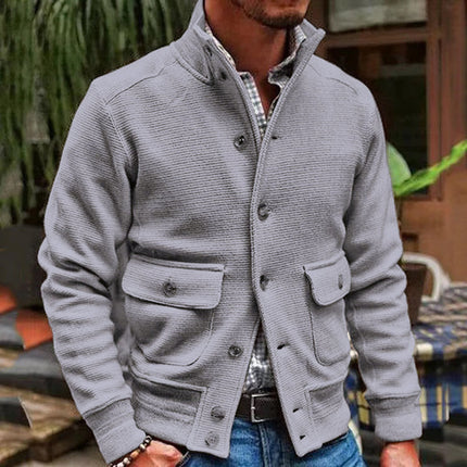 Men's Stand Collar Polyester Jacket | Solid Color | Single-breasted | Two Flap Waist Pockets | Machine Washable | Autumn Winter Spring | Street Beat Casual Biker Style