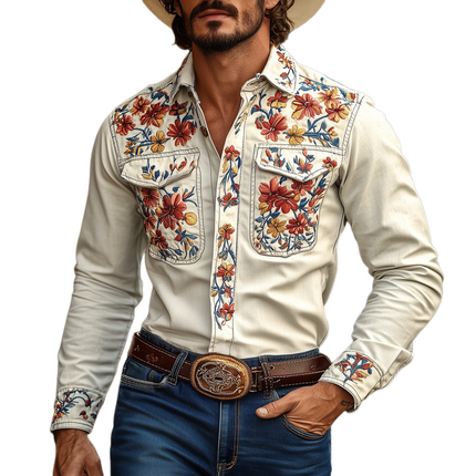 Men's Western Cowboy Embroidered Long Sleeve Cotton Shirt | Embroidered Lapel | Chest Pocket | Casual Regular Fit | Breathable Cotton | Versatile Layering Top | Classic Western Style Shirt