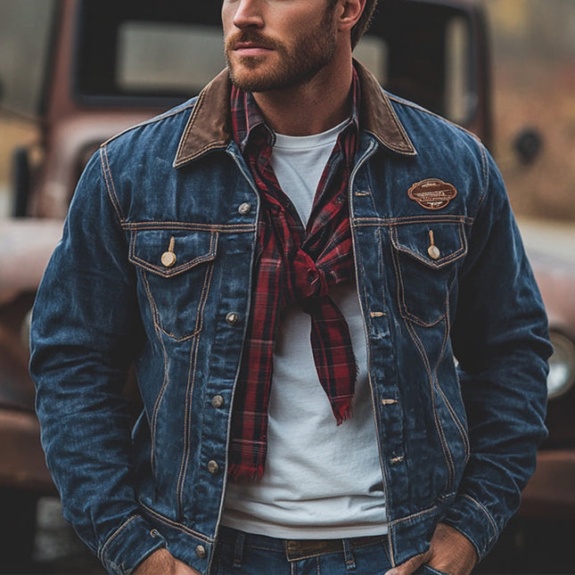 Men's Vintage Dark Blue Denim Jacket | Washed Classic Style | Full-Length Sleeves | Point Collar | Premium Quality Fabric | Versatile Layering | Metal Button Closures | Sizes S to 3XL | Stylish Outerwear