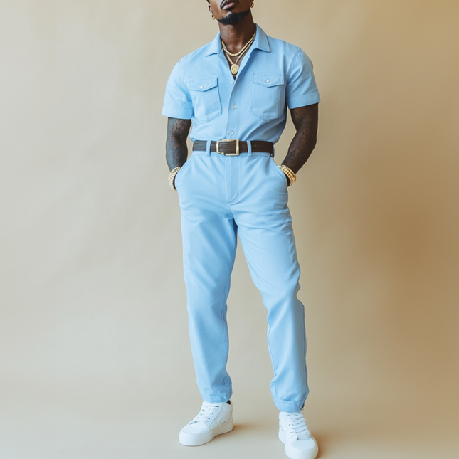 Men's Cotton Jumpsuit | Short Sleeve Lapel Collar | Slim Fit Workwear | Chest Pocket | Breathable Comfortable Fabric | Multi-Size Options | Easy Care | Casual Office & Everyday Style