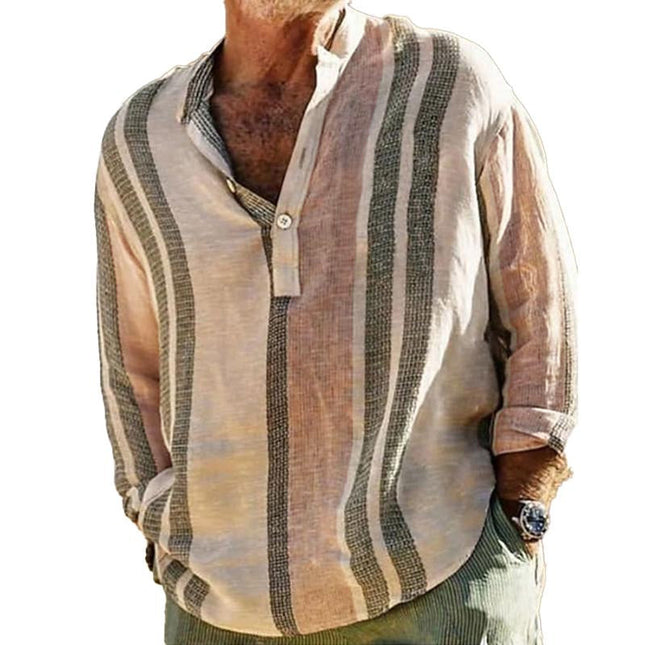 Men's V-neck Striped Cotton Linen Shirt | Loose Fit Casual Lapel | Lightweight Breathable Fabric | Stylish Print | Perfect for Spring Summer | Versatile Fashion Apparel | Classic Comfy Design