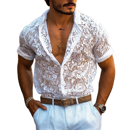 Men's Casual Shirt | Lace Lapel Detail | Button-Down | Short Sleeve | Soft Breathable Fabric | Stylish Comfort | Elegant Design | Perfect for Warm Weather & Social Gatherings