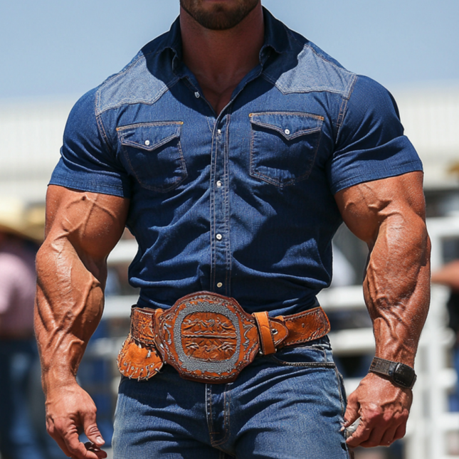 Men's Vintage Western Style Denim Shirt | Colorblock Lapel | Slim Fit | Short Sleeve | Cowboy Aesthetic | Durable Denim | Casual Button-Down | Premium Quality | Fashionable Men's Top