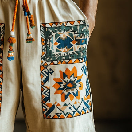 Men's Summer Shorts | Navajo Geometric Print | Cotton Polyester Blend | Relaxed Fit | Elastic Waistband | Adjustable Drawstring | Above Knee | Side Pockets | S-3XL | Beach Festival Casual Wear