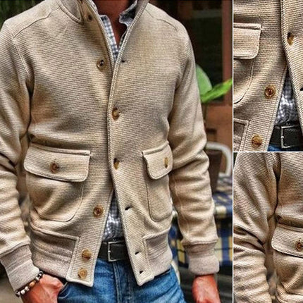 Men's Stand Collar Polyester Jacket | Solid Color | Single-breasted | Two Flap Waist Pockets | Machine Washable | Autumn Winter Spring | Street Beat Casual Biker Style