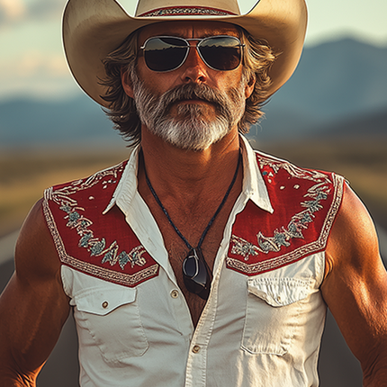 Men's Sleeveless Shirt | Retro Western Cowboy Style | Cotton Linen Blend | Slim Fit | Embroidery Detailing | Breathable Lightweight Fabric | Spring Summer Fashion | Rugged Stitching | Casual Outdoor Wear