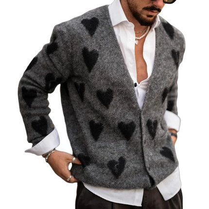 Men's V Neck Knit Cardigan | Heart Graphic Pattern | Single Breasted | Long Sleeve | Soft Cotton Acrylic Blend | Casual Layering | Cozy Outerwear