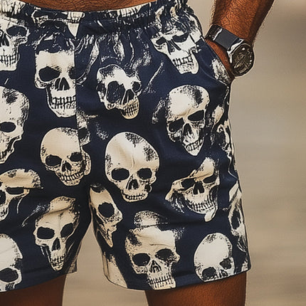 Men's Summer Casual Shorts | Skull Print | Cotton Polyester Blend | Elastic Waistband | Adjustable Drawstring | Side Pockets | Breathable | Lightweight | Durable | S-3XL | Ideal for Beach Music Festival