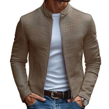 Men's Slim Fit Leather Jacket | Stone Pattern | Stand Collar | Zipper Closure | Fashion Outerwear | Premium Leather | Versatile Style | Distinctive Design | Multiple Pockets