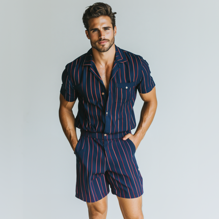Men's Striped Print Slim Fit Jumpsuit | Cuban Collar Short Sleeve | Casual Patch Pocket Design | Lightweight Summer Outfit | Stylish Shorts Length | Breathable Fabric | Versatile Fashion for Men