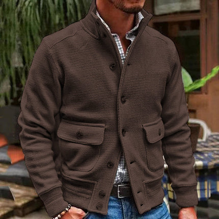 Men's Stand Collar Polyester Jacket | Solid Color | Single-breasted | Two Flap Waist Pockets | Machine Washable | Autumn Winter Spring | Street Beat Casual Biker Style