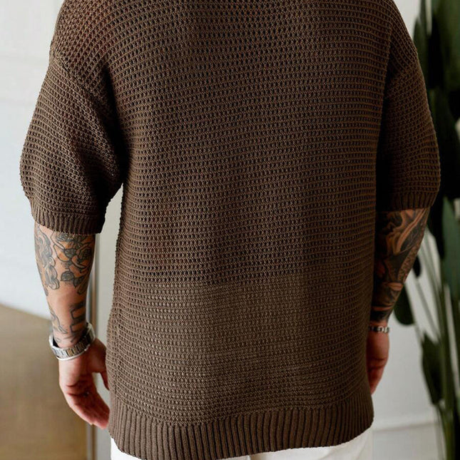 Men's Short Sleeve Sweater | Loose Fit | Knitted Texture | Crew Neck | Chest Pocket | Casual Style | Breathable Material | Comfortable | Ideal for Layering | Stylish and Functional