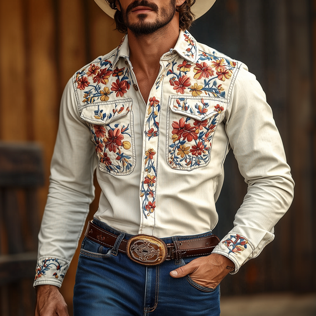 Men's Western Cowboy Embroidered Long Sleeve Cotton Shirt | Embroidered Lapel | Chest Pocket | Casual Regular Fit | Breathable Cotton | Versatile Layering Top | Classic Western Style Shirt